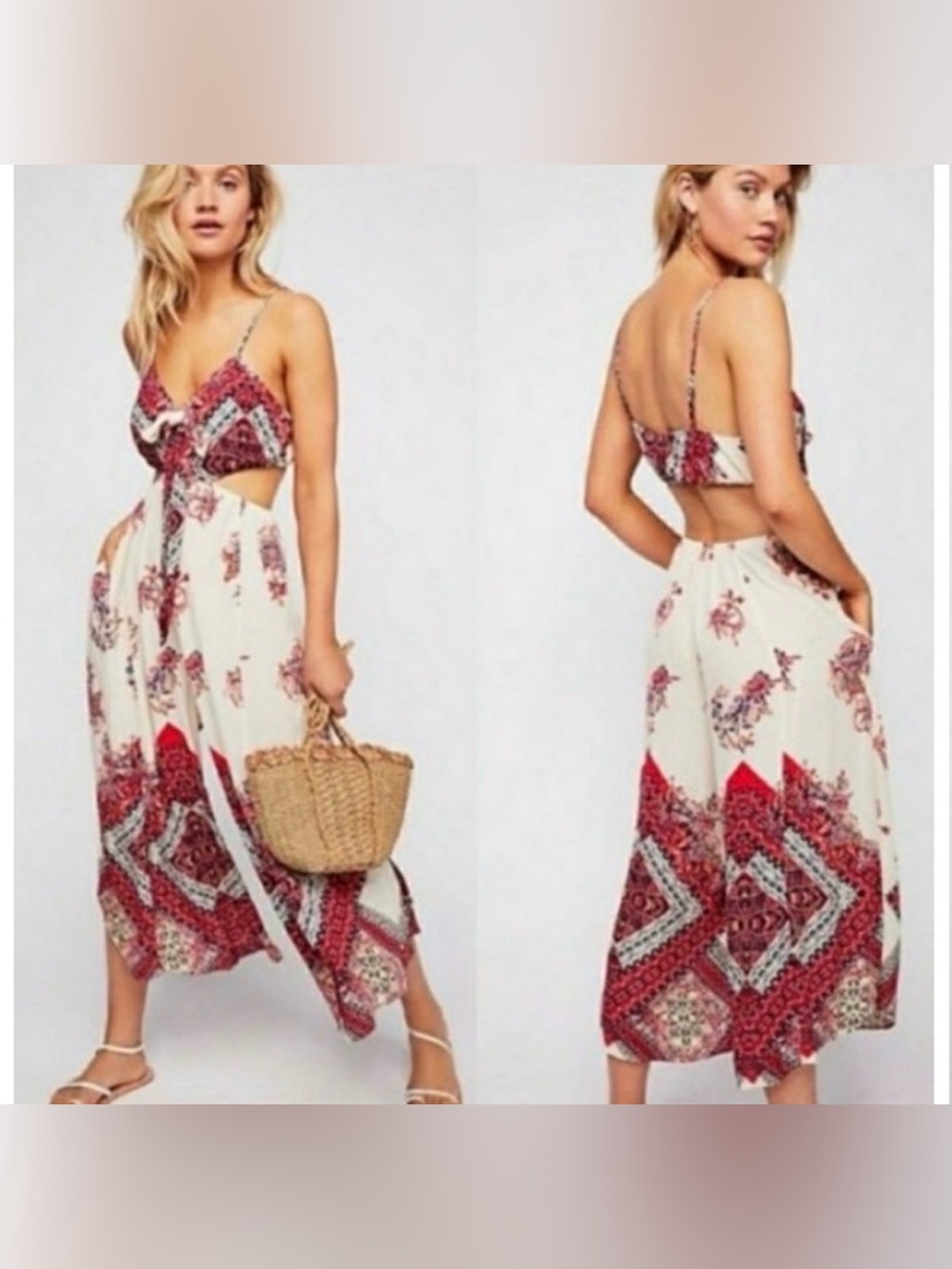 Free People Bella Cutout Jumpsuit Red Boho Wide Leg Crop Gauze XS